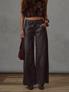 Brown Casual Women's Loose Low Rise Mom Fit Baggy Wide Leg Long Jeans